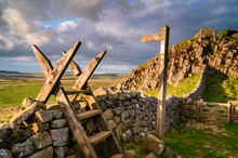 Pennine Way Style And Sign Post At Hadrian's Wall, A UNESCO World Heritage Site In The Beautiful Northumberland National Park. Popular With Walkers Along The Hadrian's Wall Path And Pennine Way