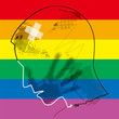  Young man homosexual, victim of violence.  Young man grunge profil silhouette with hand print on the face on gay flag background. Vector available.