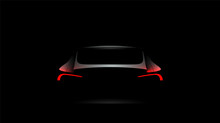 Back Car Silhouette With Rear Red Lights On Dark Black Background, Wallpaper, Banner Template. Vector Illustration.
