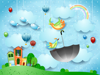 Sticker - Fantasy landscape with village and flying umbrella and fishes