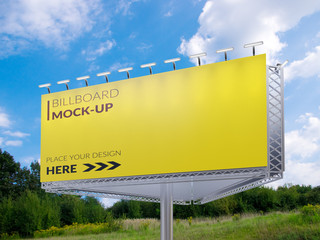 Wall Mural - 3D rendering of blank billboard (empty advertisement) with clouds. Empty mockup template
