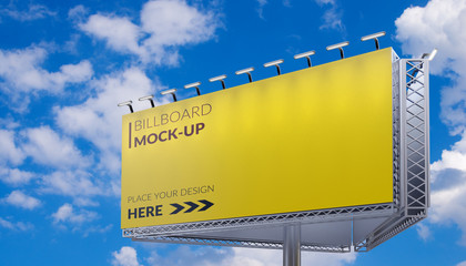 Wall Mural - 3D rendering of blank billboard (empty advertisement) with clouds. Empty mockup template
