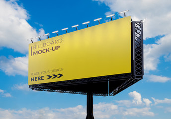 Wall Mural - 3D rendering of blank billboard (empty advertisement) with clouds. Empty mockup template