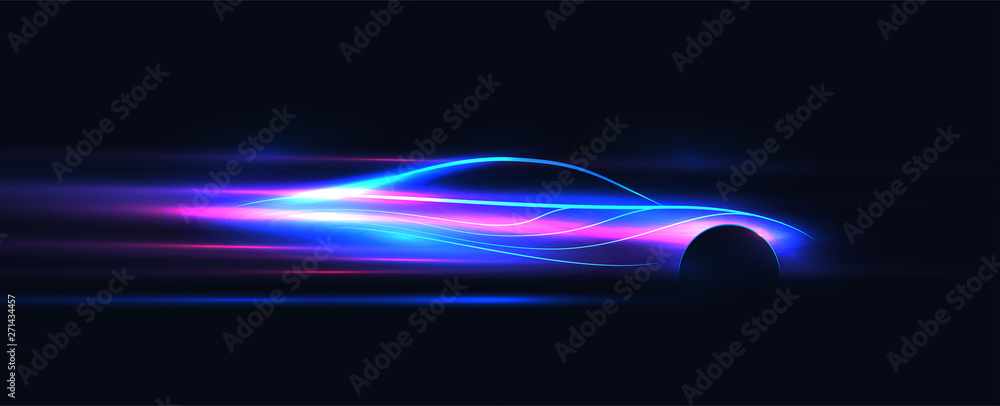 Side view neon glowing sport car silhouette. Abstract modern styled vector illustration. - obrazy, fototapety, plakaty 