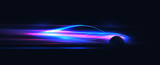 Fototapeta  - Side view neon glowing sport car silhouette. Abstract modern styled vector illustration.
