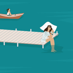 A woman is sitting on a wooden bridge with her legs in the water. Girl sitting in the boat - flat style - vector. Summer time. Camping.