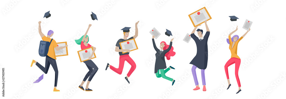 Group Graduating Animation Group smiling graduates people in graduation gowns holding diplomas and ...