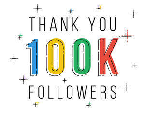 Sticker - Thank you 100k followers. Congratulations social network progress. Vector line art illustration.