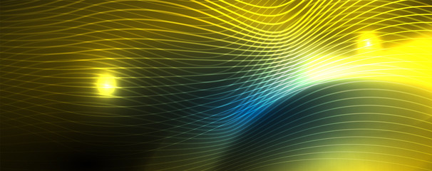 Smooth wave lines on blue neon color light background. Glowing abstract wave on dark, shiny motion, magic space light