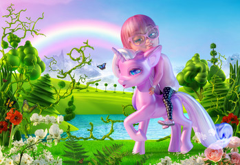 Wall Mural - Cheerful smiling cute cartoon girl hugging magical unicorn baby, falling asleep in the magic fairy landscape with rainbow. Cartoon kid characters of a little kawaii girl and magic unicorn. 3D render