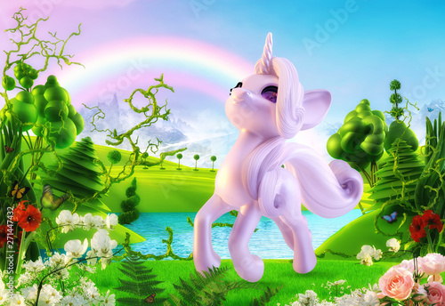 Fototapeta Jednorożec cute-funny-cheerful-smiling-unicorn-baby-magical-cartoon-toy-character-in-the-fairy-dream-landscape-background-with-magic-flowers-trees-rainbow-dream-fantasy-magic-land-concept-3d-illustration