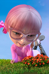 Wall Mural - Illustration of a cute girl lying down on green grass in a meadow, looking at flowers. Funny cartoon character of a kawaii pretty girl with glasses and pink anime hairs. 3D render