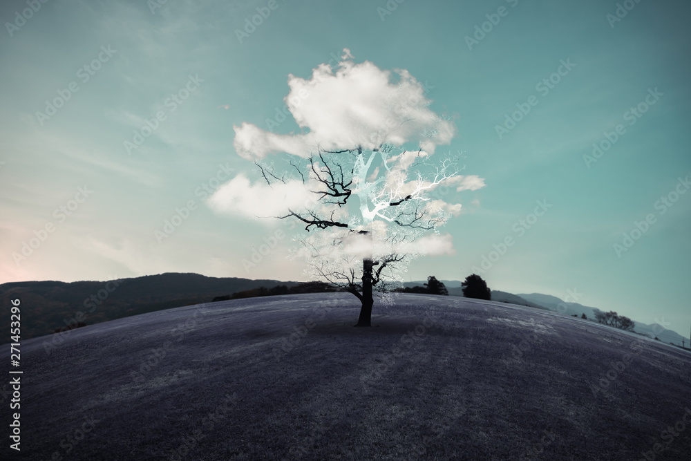 Dry trees and clouds like leaves on a purple grass. Imagine and surreal concepts. - obrazy, fototapety, plakaty 
