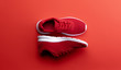 © Halfpoint - A studio shot of pair of running shoes on red background. Flat lay.