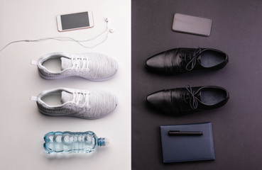 Sport and relax after office work concept. Studio shot and flat lay.