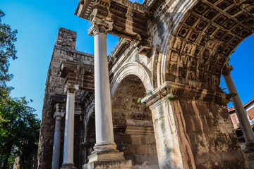 Adrian Gate, Antalya landmark, Turkey. Antique construction of marble and limestone.