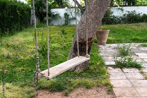 Columpio en un árbol de cuerda y madera en el patio - Buy this stock photo and explore similar images at Adobe Stock | Adobe Stock
