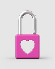 Wall Mural - Unlocked pink heart padlock on a light grey background. 3d render. Front view. Isolated Objects Series.