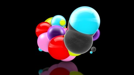 Wall Mural - 3D illustration of many colored balls in space, randomly distributed, on a black background, above the reflective surface. 3D rendering, abstraction. Surrealism, background.