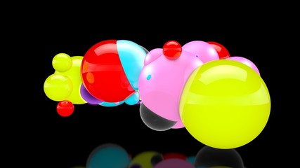 Wall Mural - 3D illustration of many colored balls in space, randomly distributed, on a black background, above the reflective surface. 3D rendering, abstraction. Surrealism, background.