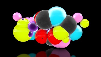 Wall Mural - 3D illustration of many colored balls in space, randomly distributed, on a black background, above the reflective surface. 3D rendering, abstraction. Surrealism, background.