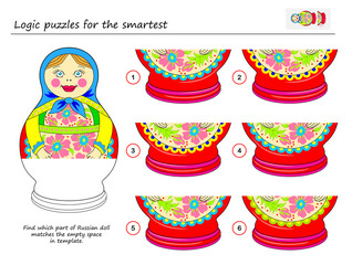 Wall Mural - Logic puzzle game for smartest. Find which part of Russian doll matches the empty space in template. Printable page for brainteaser book. Developing spatial thinking. Vector cartoon image.