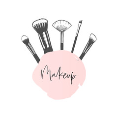 Wall Mural - Makeup banner with brushes, template for makeup artist, hand drawn vector illustration