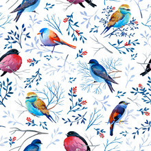 Gouahe Seamless Pattern With Bright Birds On Branches With Leaves