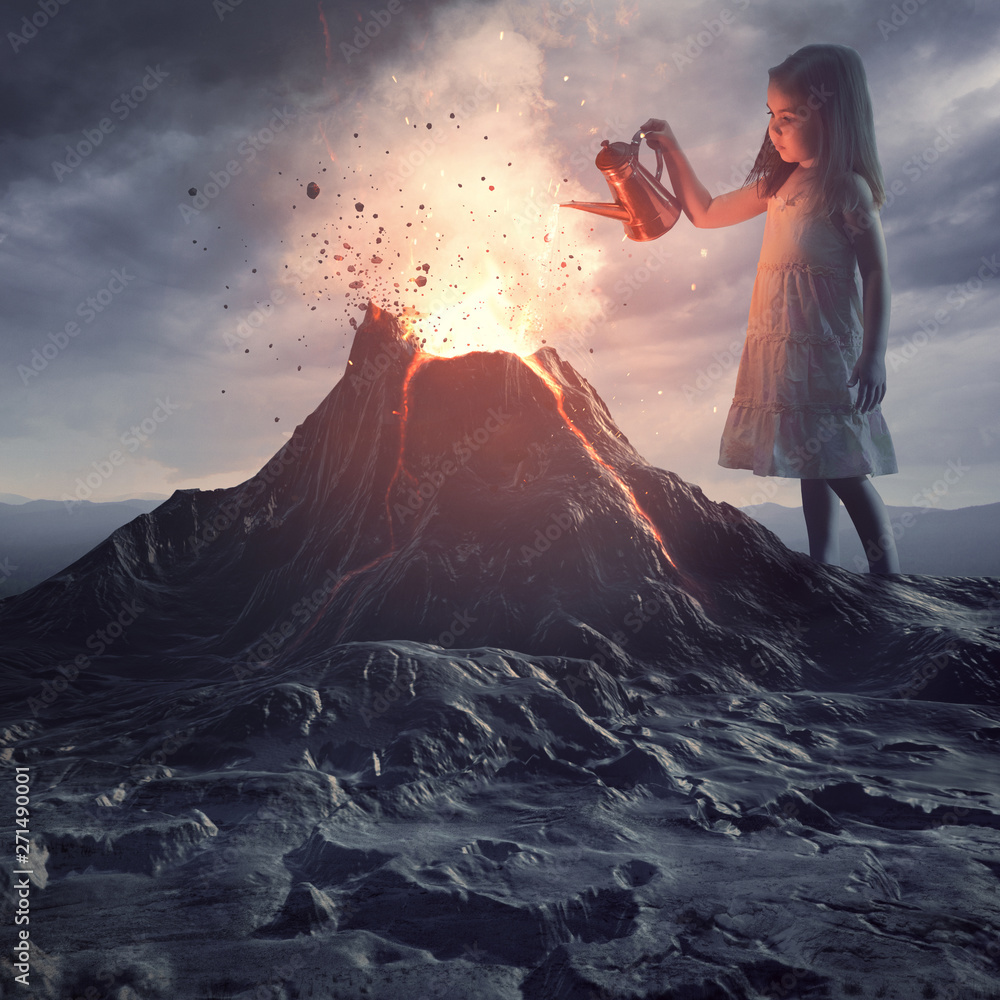 Little girl putting out volcano - obrazy, fototapety, plakaty 