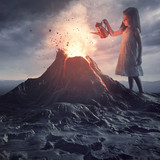 Little girl putting out volcano