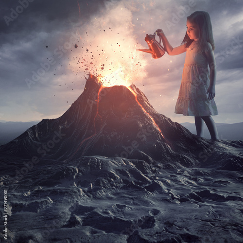 Cuadros en Lienzo Little girl putting out volcano