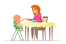 Mother Feeding Toddler Flat Vector Illustration