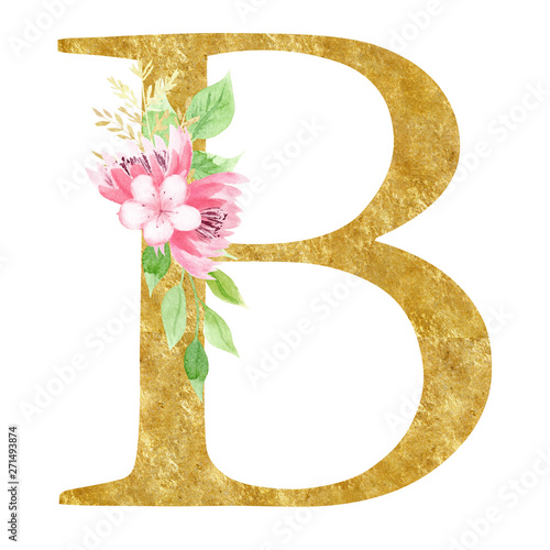 Initial B letter with flowers raster illustration