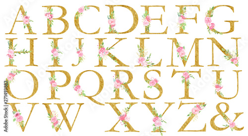Floral latin alphabet raster set