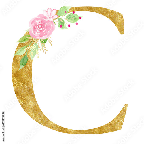 Capital C letter with flowers raster illustration