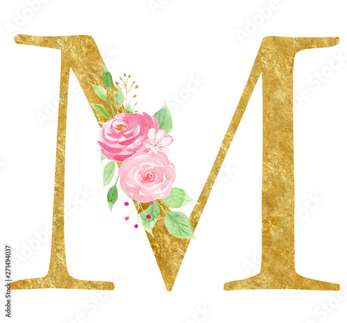M letter with blooming flowers raster illustration