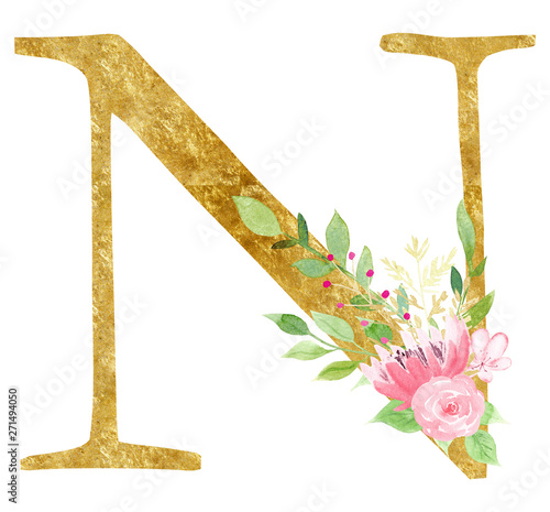 Golden initial N letter raster illustration