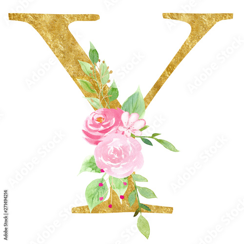 Latin Y letter with foliage raster illustration
