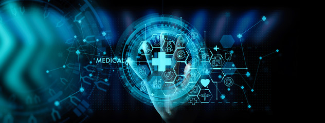 Wall Mural - Medicine doctor hand with stethoscope working with icon medical treatment on virtual screen interface computer.