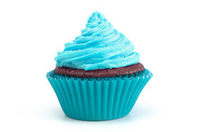 A Single Turquoise Iced Chocolate Cupcake Isolated On A White Background