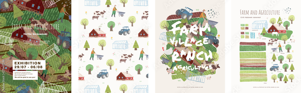 Farm and agriculture. Vector cute illustrations of village life and objects for a poster, banner or postcard, freehand drawings of people, animals, trees, traсtor and house for background and pattern - obrazy, fototapety, plakaty 