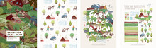 Farm And Agriculture. Vector Cute Illustrations Of Village Life And Objects For A Poster, Banner Or Postcard, Freehand Drawings Of People, Animals, Trees, Traсtor And House For Background And Pattern