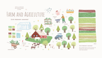 farm and agriculture. vector cute illustrations of village life and objects for a poster, banner or 