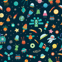 Vector Seamless Pattern Of Space Objects. Bright And Cheerful Repeat Background With Planet, Star, Spaceship, Satellite, Moon, Sun, Asteroid, Astronaut, Alien, UFO