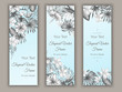 Vector bookmarks with tropical leaves, plumeria, strelitzia and hibiscus flowers on blue background. Summer or spring tropical vertical templates. Trendy exotic jungle design