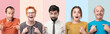 Who, me concept. Collage of several men and women looking at camera pointing at them with hands being surprised to be choosed by someone isolated over colored background