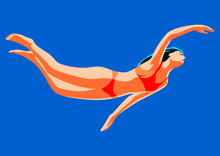 Young Tanned Beautiful Woman In A Swimsuit Swims In The Water. Summer Holiday Bright Vector Illustration