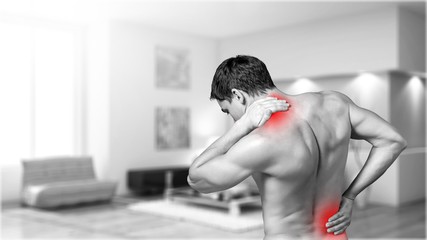 Wall Mural - Strong man with neck pain, back view