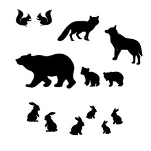 Monochrome,  Black, White, Contour, Silhouette, Tattoo, Vector, Set, Isolated,  Illustration, Animal, Bear, Fox, Wolf, Hare, Rabbit, Squirrel