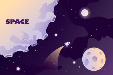 Wall Mural - horizontal space background with abstract shape and planets. space exploring. fantasy cartoon backdr